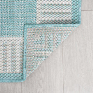 Elgin Transitional Striped Border Aqua/Cream Round Indoor/Outdoor Area Rug, 8'