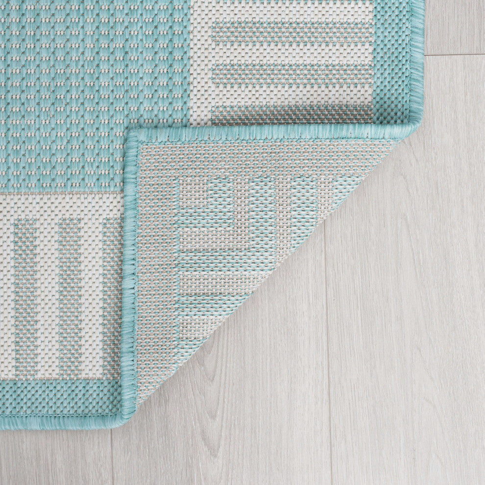 Elgin Transitional Striped Border Aqua/Cream Round Indoor/Outdoor Area Rug, 8'