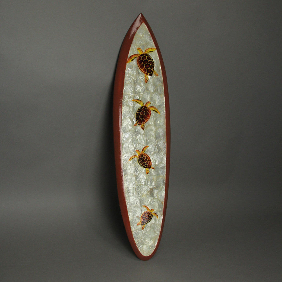 Set of 2 Wood And Capiz Hand Carved Turtles Decorative Surfboard Wall Sculpture