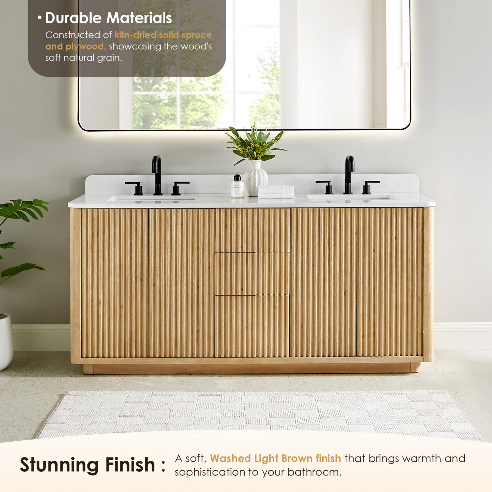 Clayton Bathroom Vanity, Washed Light Brown, 72", No Mirror