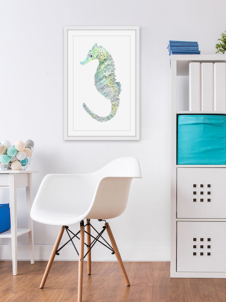 Marmont Hill, "Teal Seahorse" by Thimble Sparrow Framed Painting Print, 12x18