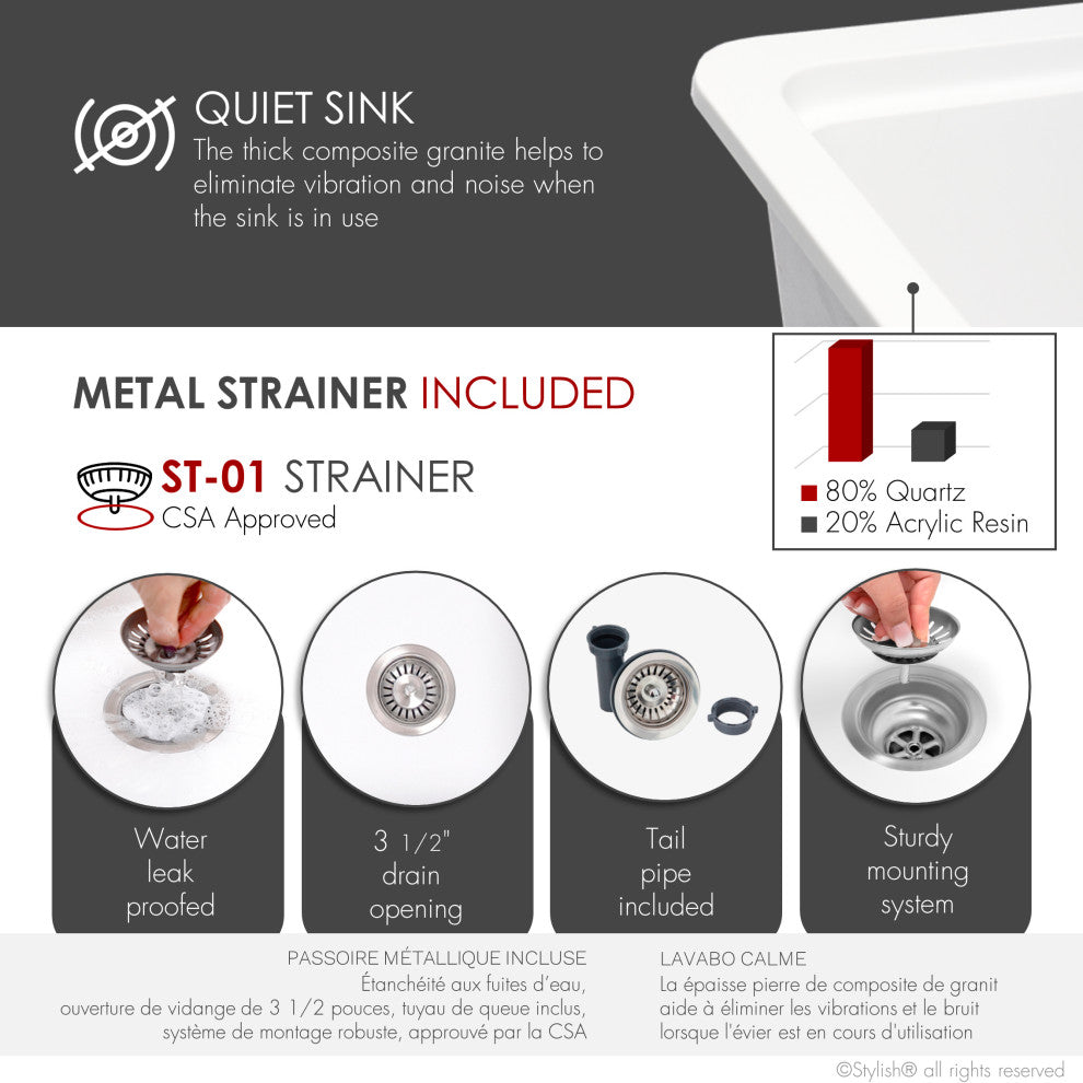 Stylish 28" Dual Mount Single Bowl White Granite Kitchen Sink
