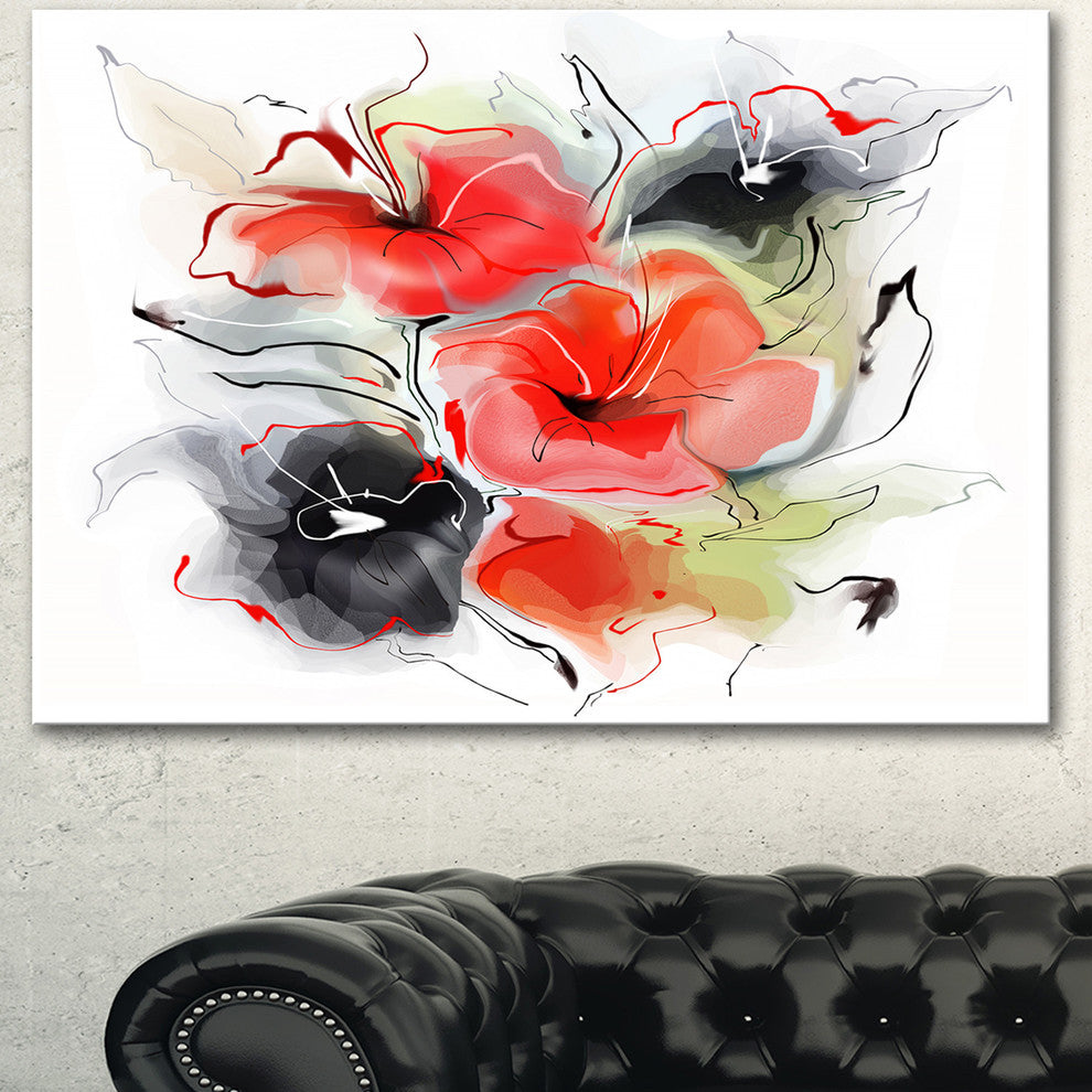 Red Black Abstract Floral Design, Extra Large Floral Wall Art, 40"x30"