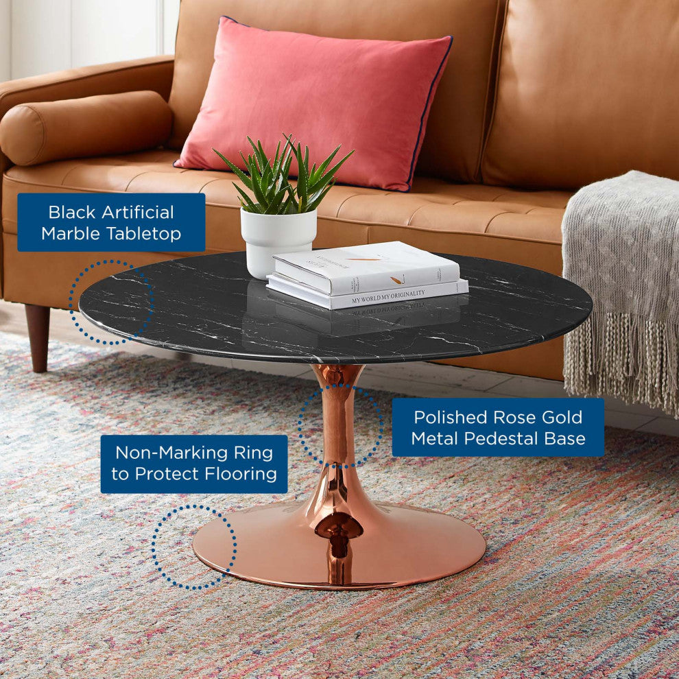 Coffee Table, Round, Artificial Marble, Metal, Rose Gold Black, Modern, Lounge