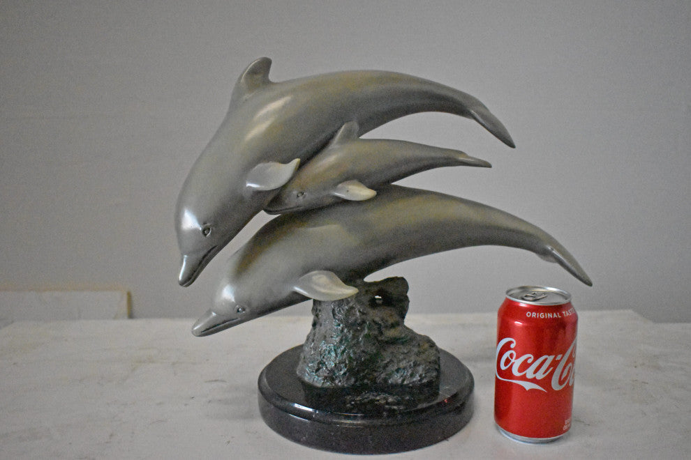 Three Grey Dolphins Swimming Bronze Statue on Marble - Size: 16"L x 9"W x 13"H