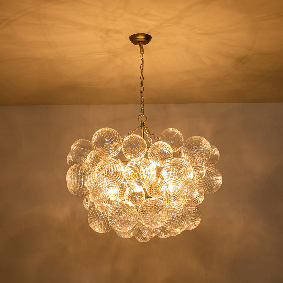 Contemporary Clear Ribbed Bubble Chandelier, Brass, 8 Lights