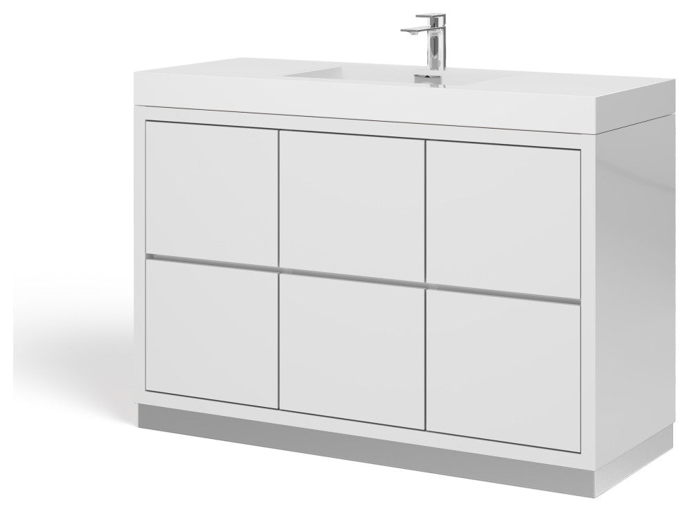 Boutique Bath Vanity, High Gloss White, 48", Single Sink, Freestanding