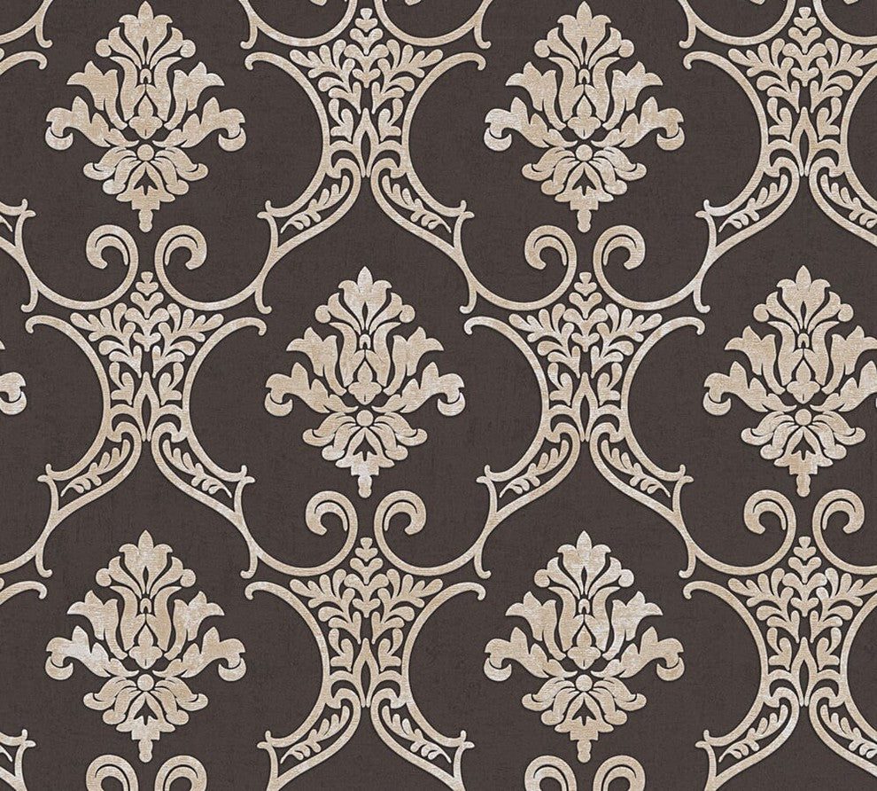 Moments, Baroque Motifs, Flowers And Garlands Brown Wallpaper Sample, Modern