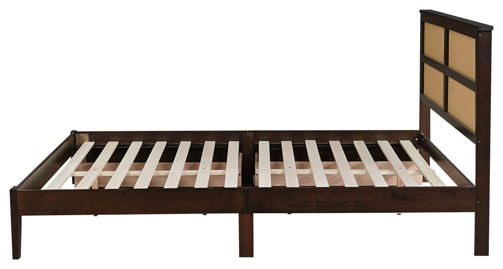 GDF Studio King Size Platform Bed, Rattan Headboard & Storage Drawers, Espresso