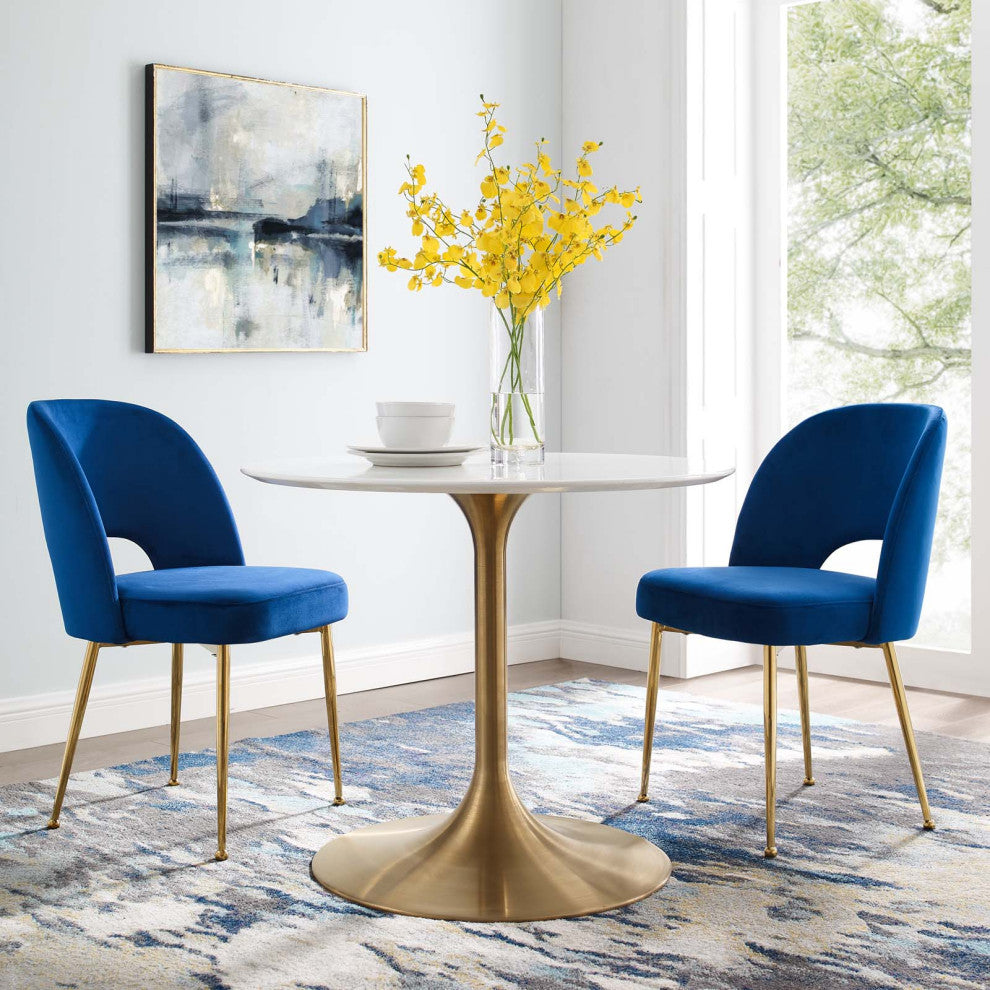 Side Dining Chair, Set of 2, Velvet, Metal, Blue Navy, Modern, Bistro Restaurant