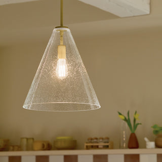 Everly 15.5" 1-Light Cone Pendant With Clear Seeded Glass, Natural Brass
