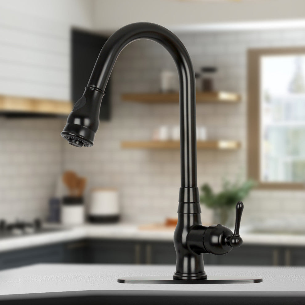 Pull Down Kitchen Faucet With Deck Plate, Single Level Solid Brass Sink Faucets,