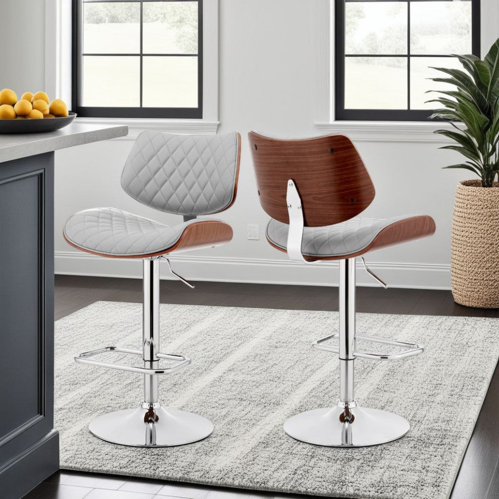 Leland Adjustable Faux Leather and Metal Bar Stool, Gray and Chrome