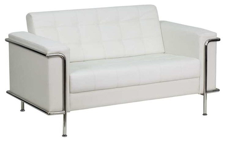 Modern Contemporary Melrose White Leather Loveseat With Encasing Frame