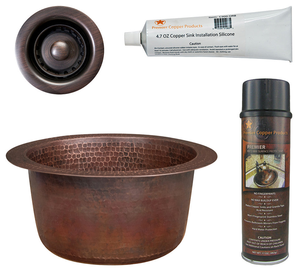 10" Round Hammered Copper Bar Sink, 2" Drain Opening, Drain & Accessories