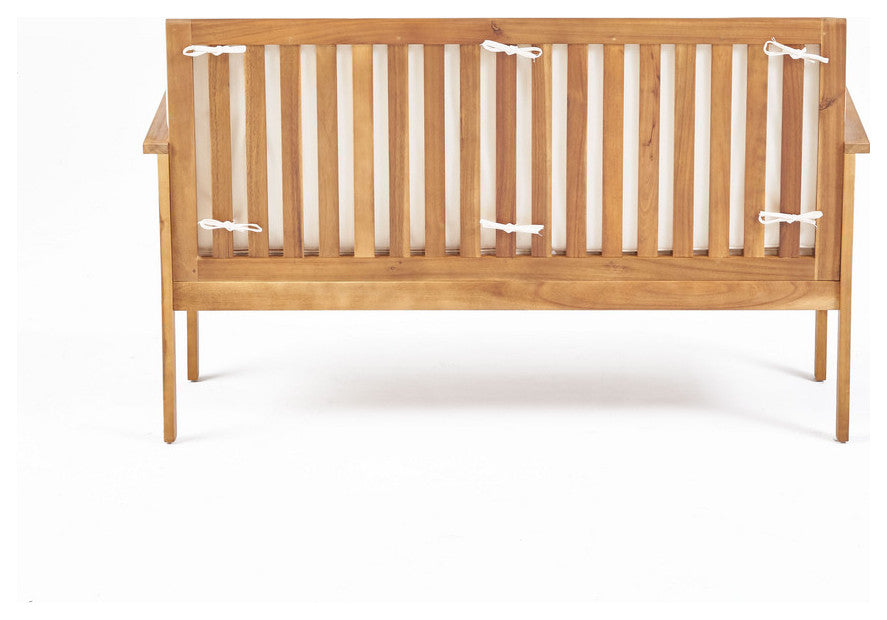 GDF Studio Lucas Outdoor Brown Patina Acacia Wood Bench With Cream Cushion
