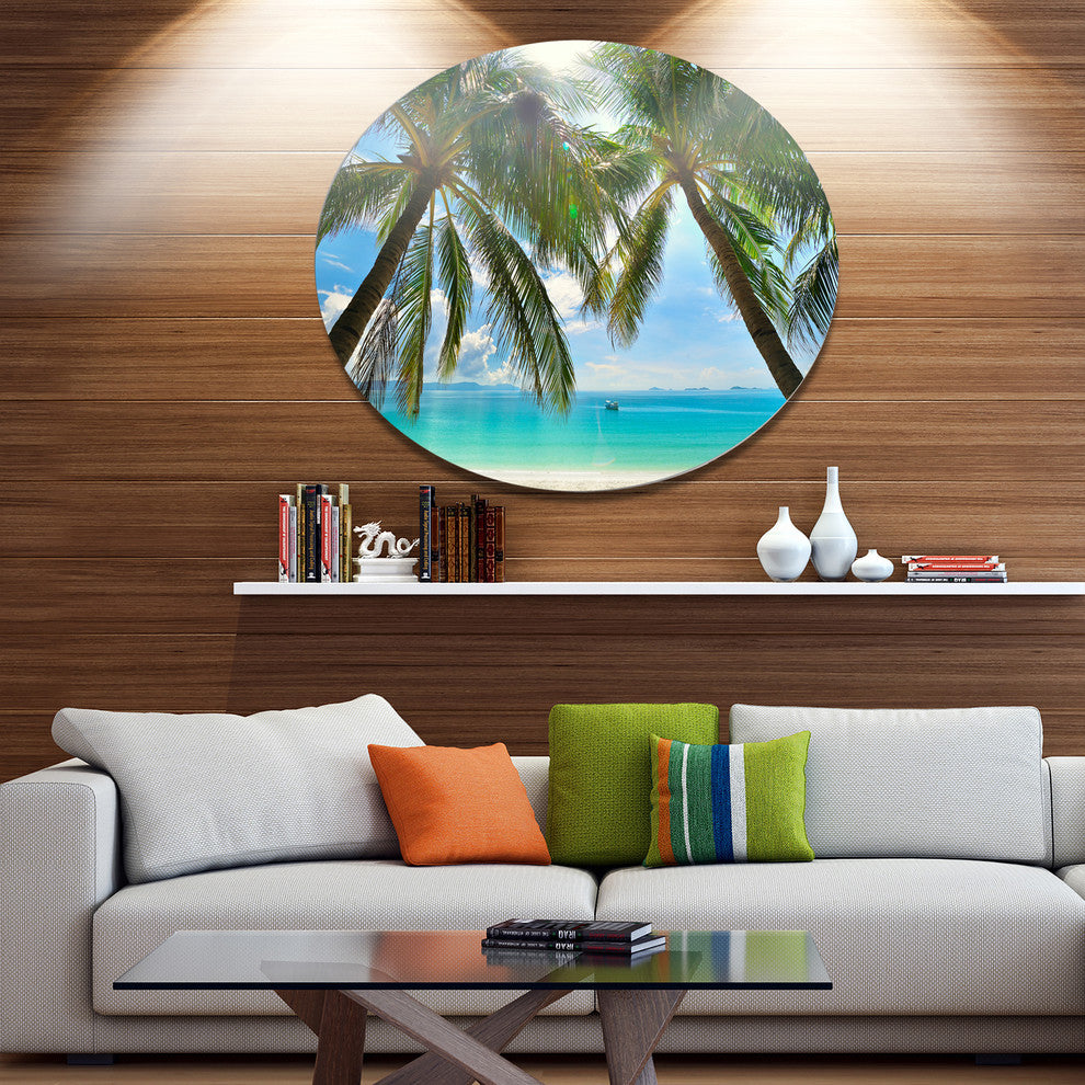 Palm Hanging Over Sandy White Beach, Seashore Disc Metal Wall Art, 11"