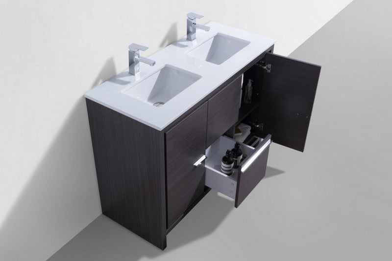 48" Double Sink Gray Oak Modern Bathroom Vanity, White Quartz