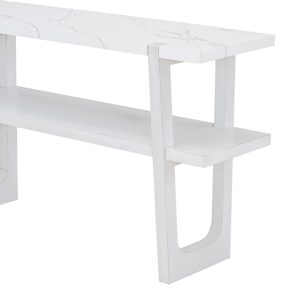 TATEUS Narrow Console Table with Marble-Effect Top for Entryway and Living Room, Antique White