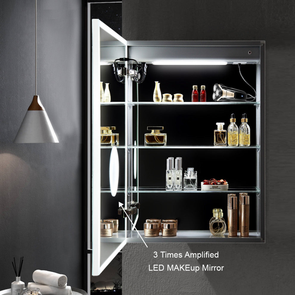 LED Mirror Medicine Cabinet With 3X, Defogger, Dimmer Outlets and USB, 20/L