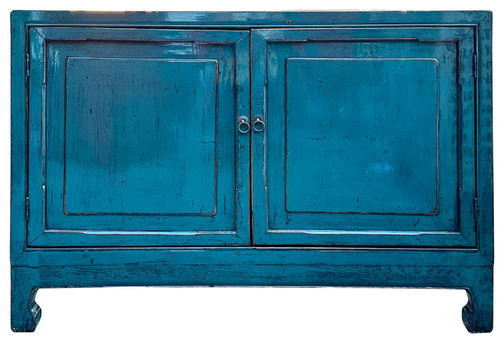 Distressed Rich Teal Blue 2 Doors Low Credenza Sideboard Console Cabinet