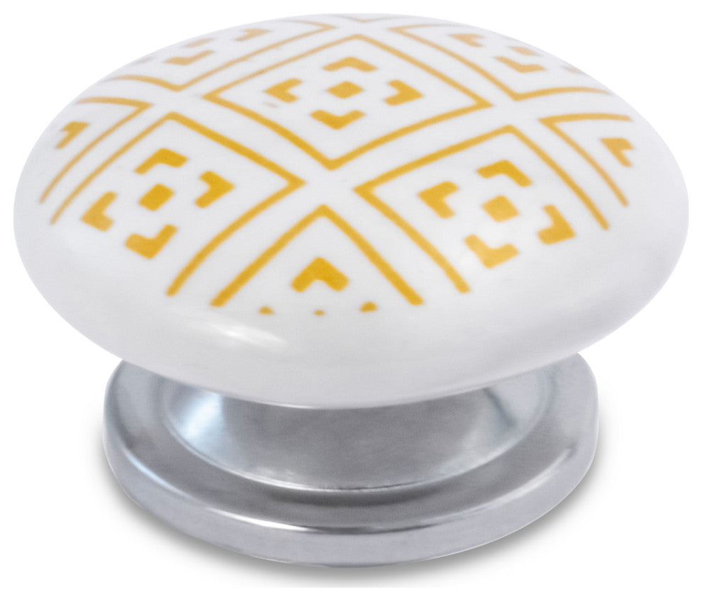 Mascot Hardware White Ceramic Knob with Yellow Geometric Pattern - Pack of 10