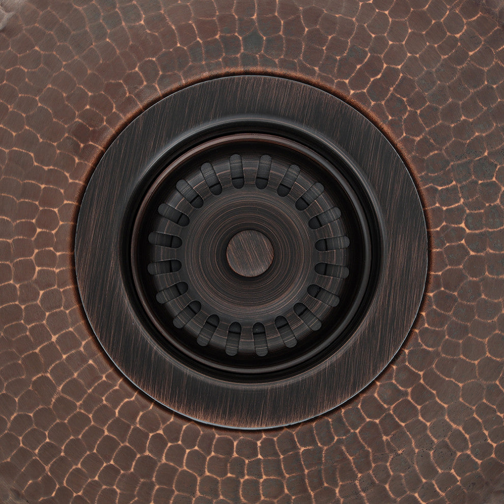 14" Round Hammered Copper Prep Sink, 3.5" Drain Opening, Drain & Accessories