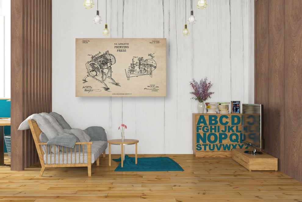 Epic Graffiti "Printing Press Blueprint Patent Parchment" Giclee Canvas, 26"x40"
