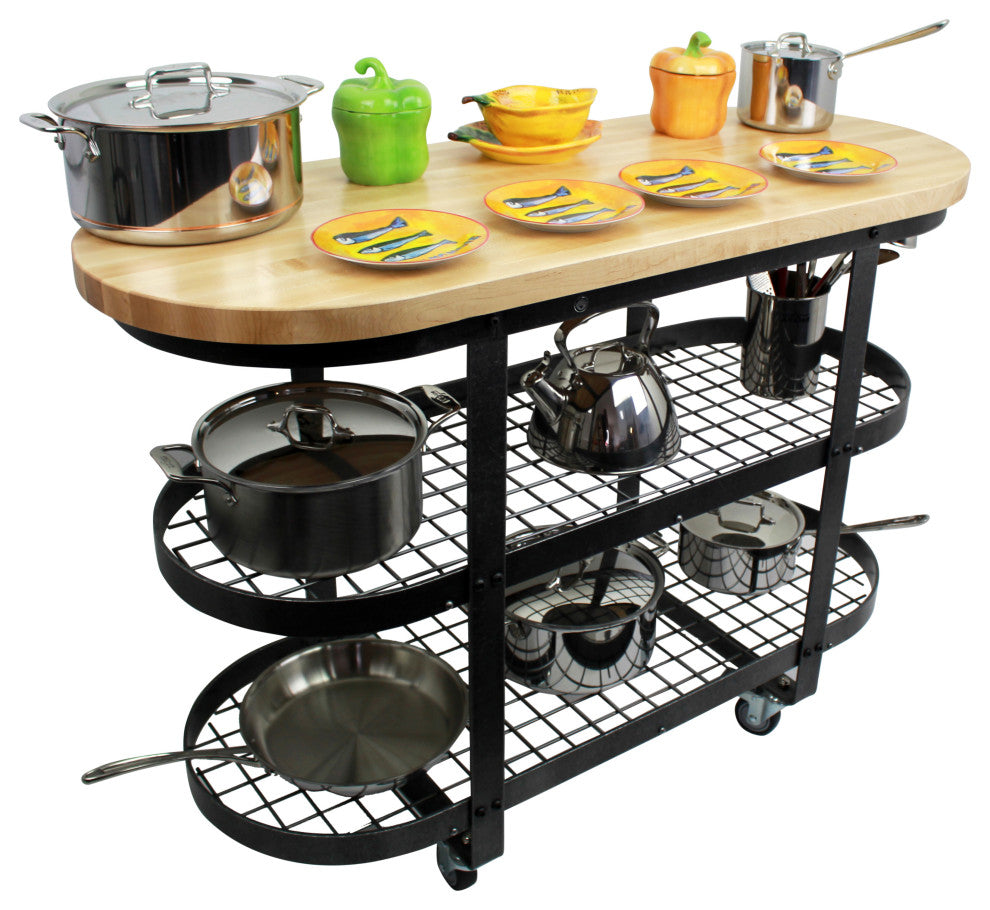 Handcrafted Gourmet Kitchen Island wMaple Butcher Block Hammered Steel