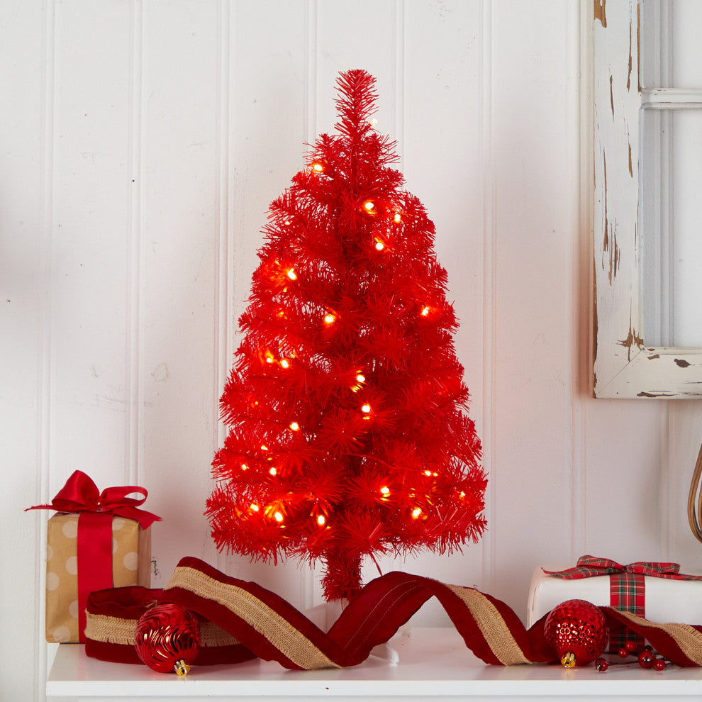 2' Red Artificial Christmas Tree With 35 LED Lights and 72 Bendable Branches