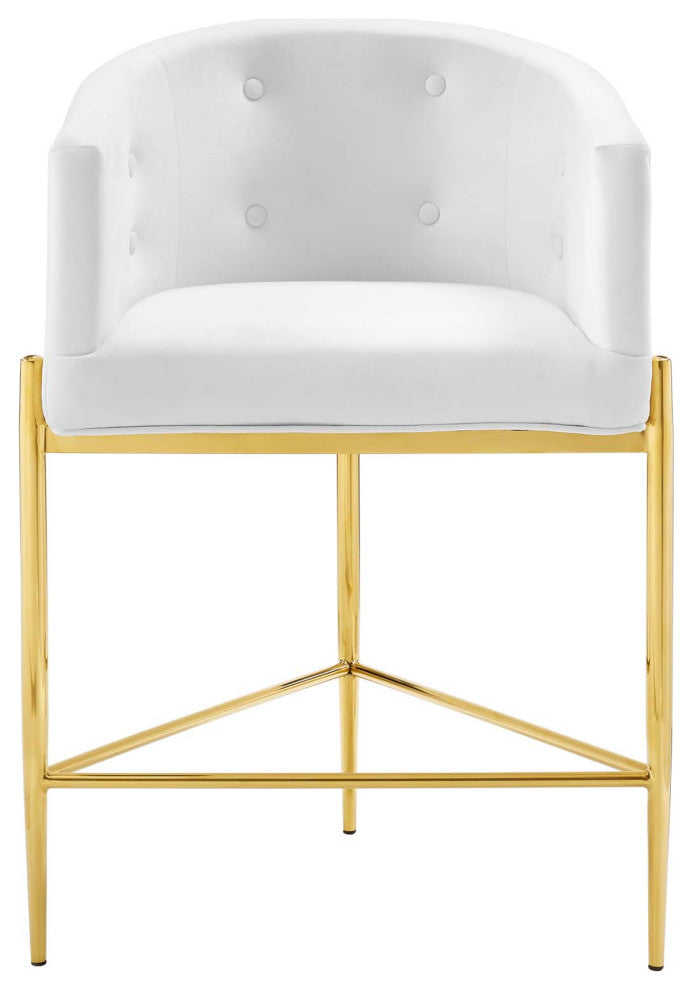 Tufted Counter Stool Chair, Set of 2, Velvet, Metal, White, Modern, Bar Pub