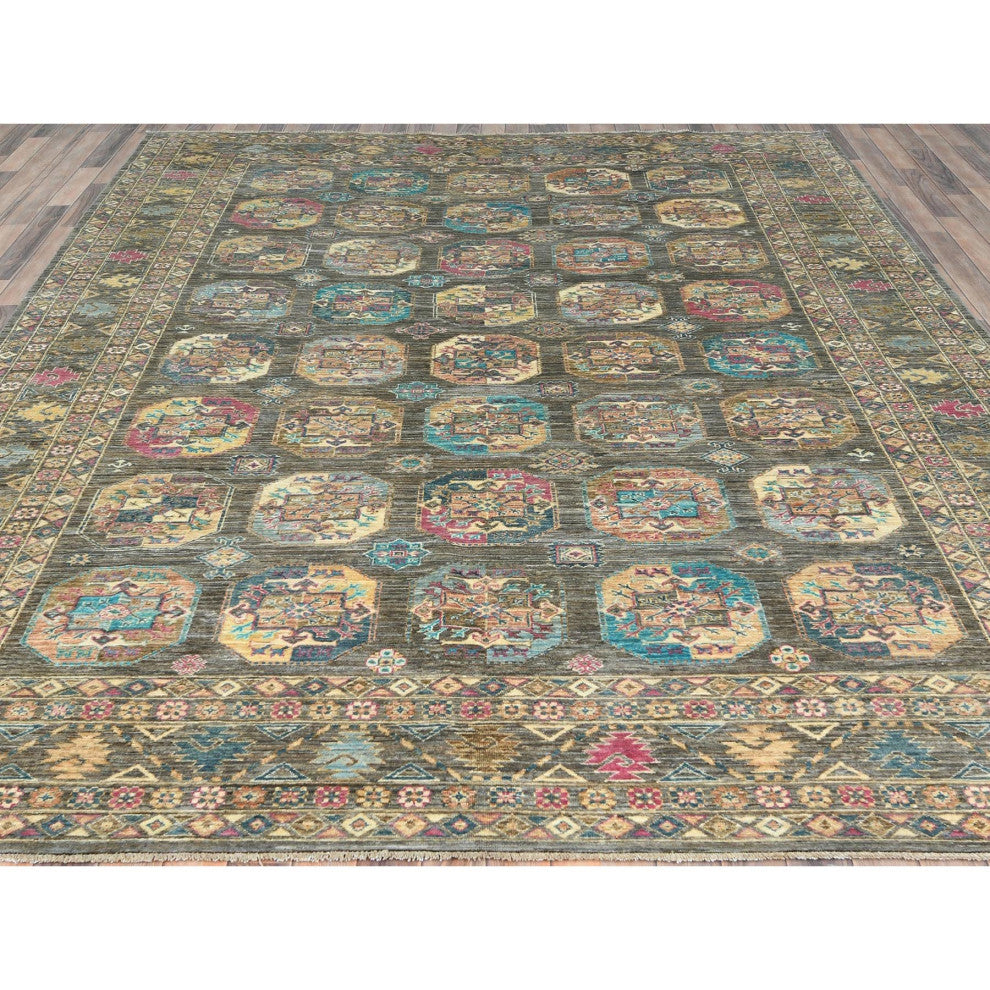 Sage Green, Hand Knotted Afghan Super Kazak Pure Wool Oriental Rug, 8'9"x11'7"