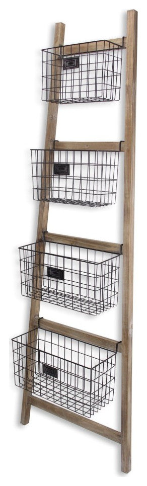 Wooden Ladder Storage Piece With 4 Baskets