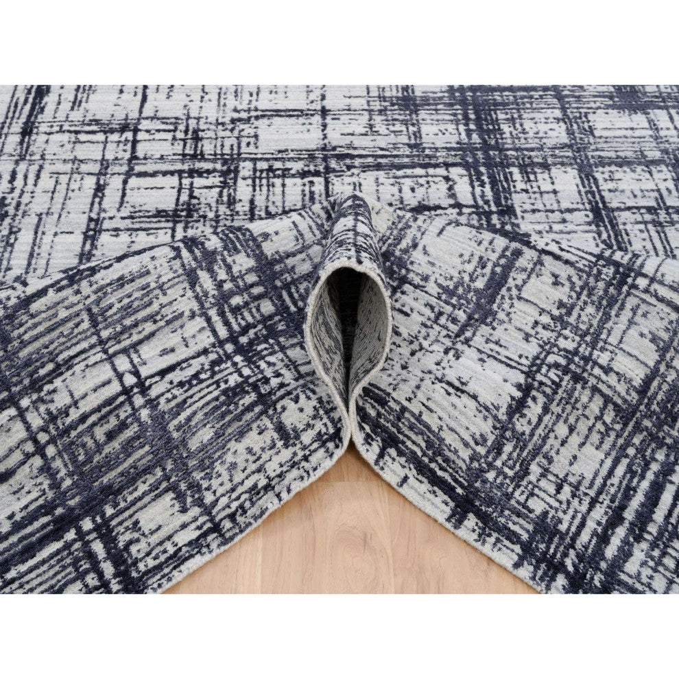 Black Hand Loomed Modern Erased Lines Design Wool and Silk Rug 7'10" x 10'0"