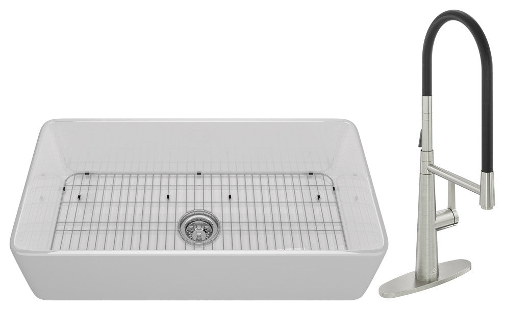 Fireclay Single Bowl Farmhouse Apron Kitchen Sink with Sprayer Kitchen Faucet, 36