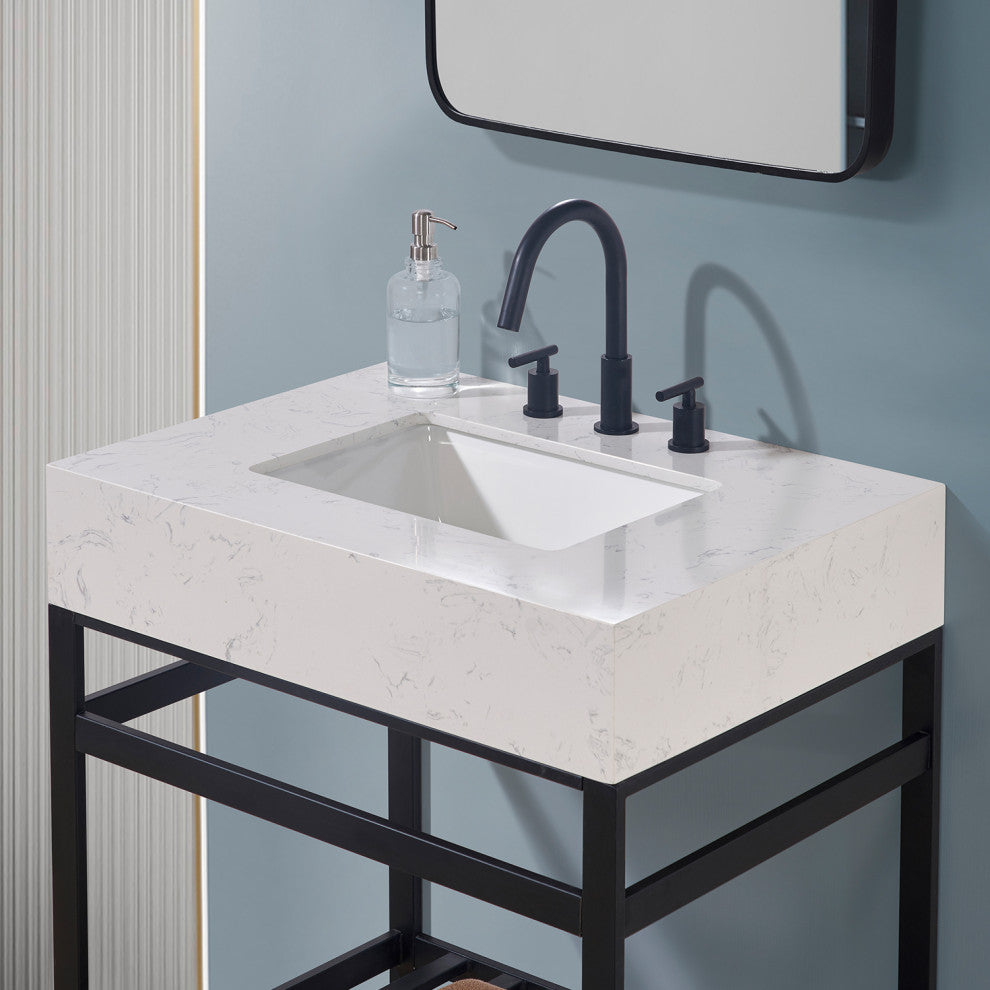 Merano Engineered Stone Vanity Top, Aosta White Apron With White Sink, 30"
