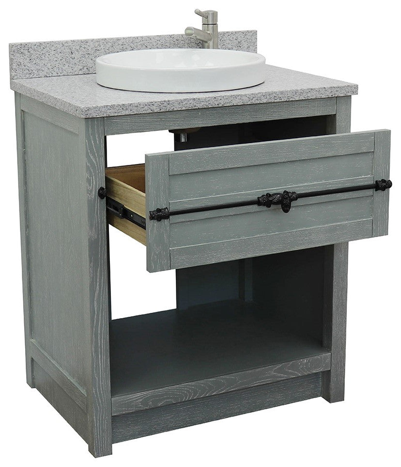 30" Single Vanity, Gray Ash, Gray Granite Top, Round Sink