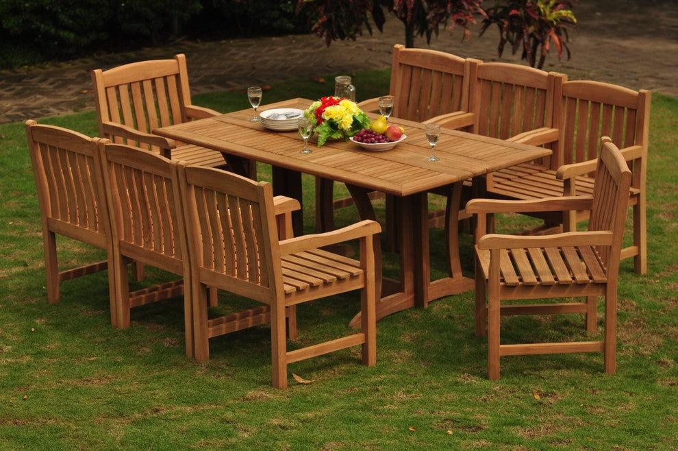 9-Piece Outdoor Patio Teak Dining Set, 69" Warwick Table, 8 Devon Arm Chairs