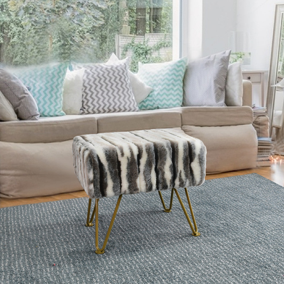 Multi Jacquard Faux Fur Ottoman, Grey, 19"x13"x7"
