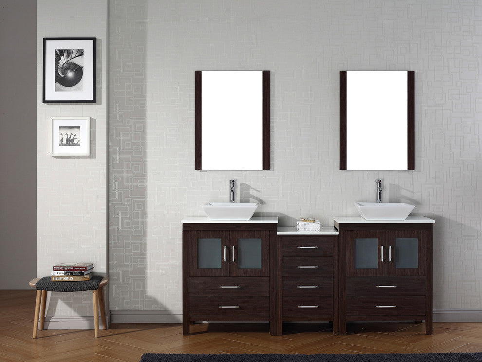 74" Double Bathroom Vanity, Espresso, White Stone, Brushed Nickel