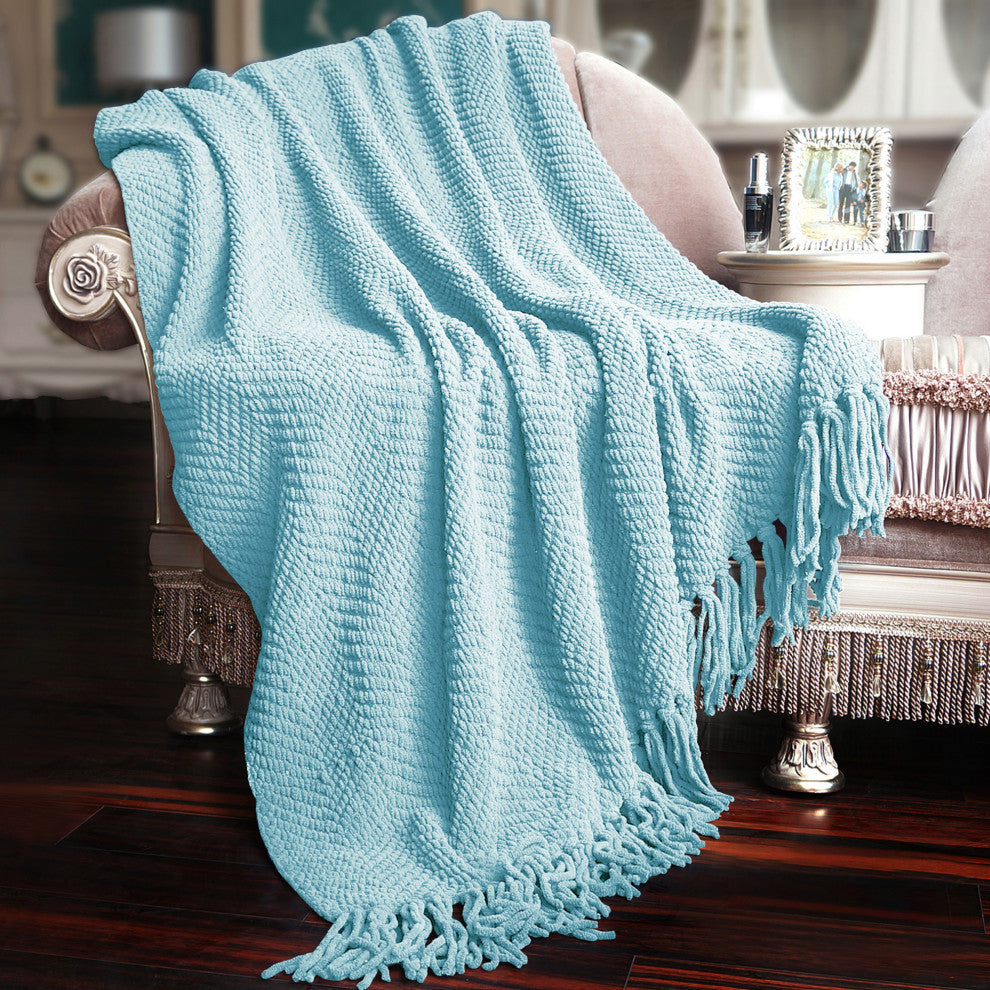 Tweed Knitted Throw Blanket, Aquamarine, 60"x80"