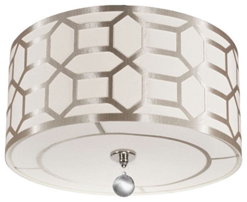 3 Light Flush Mount Drum Shade with Geometric Laminated Trim, Winter Gold