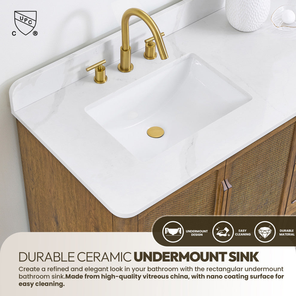 Busan Bath Vanity, Quartz Top No Mirror, Oak Classic Brown, 60", Double Vanity