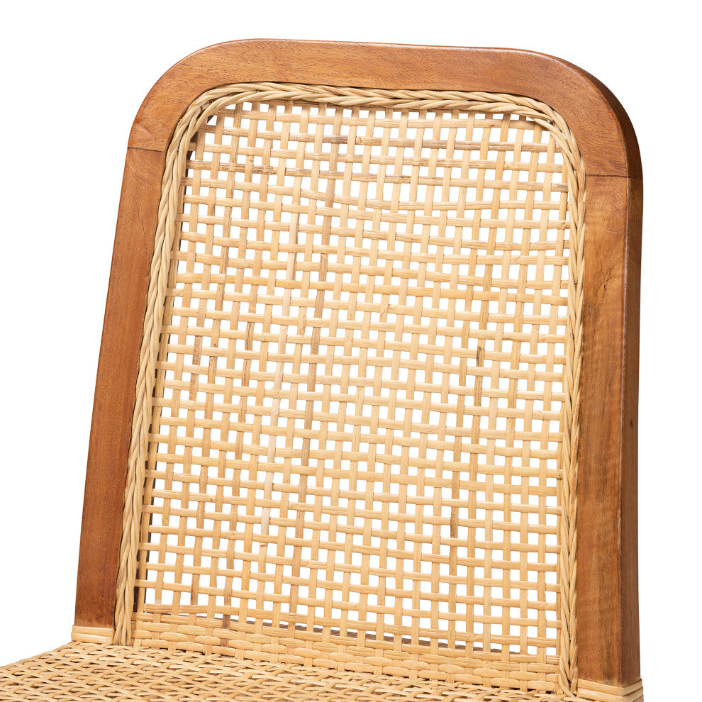 Caspia Modern Walnut Brown Finished Wood and Natural Rattan Dining Chair Set