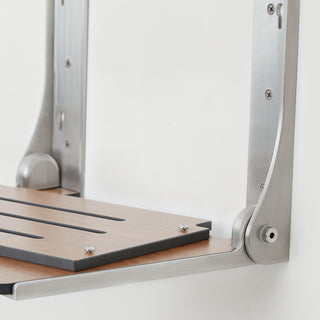 Silhouette Folding Wall Mount Shower Bench Seat, Rustic Teak, Silver Frame