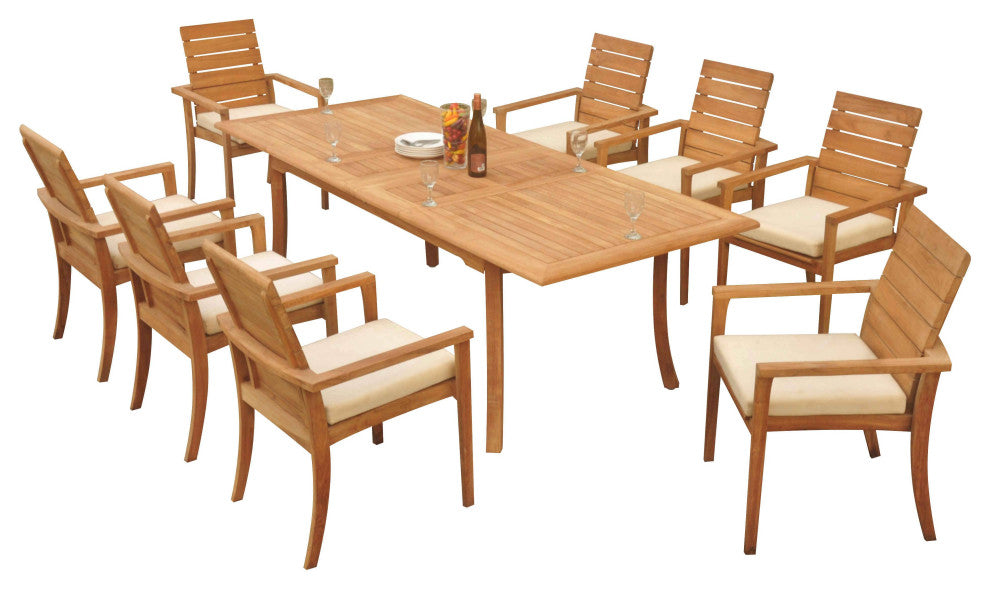 9-Piece Outdoor Teak Dining Set: 94" Rectangle Table, 8 Alps Stacking Arm Chairs
