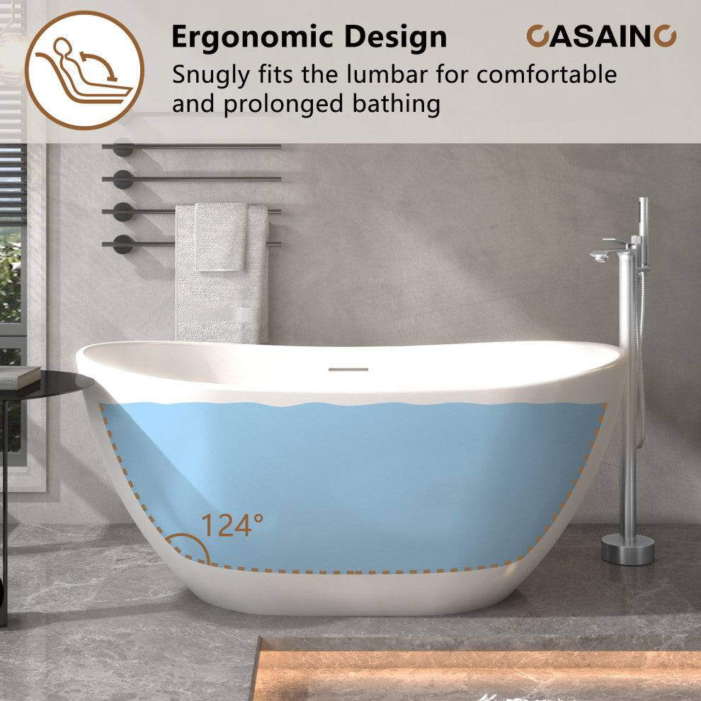 Solid Surface Stone Freestanding Tub Soak in Style with Matte White Finish, 57in