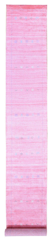 Pink, Modern Grass Design, Wool and Silk Hand Loomed XL Runner Rug, 2'6"x17'9"
