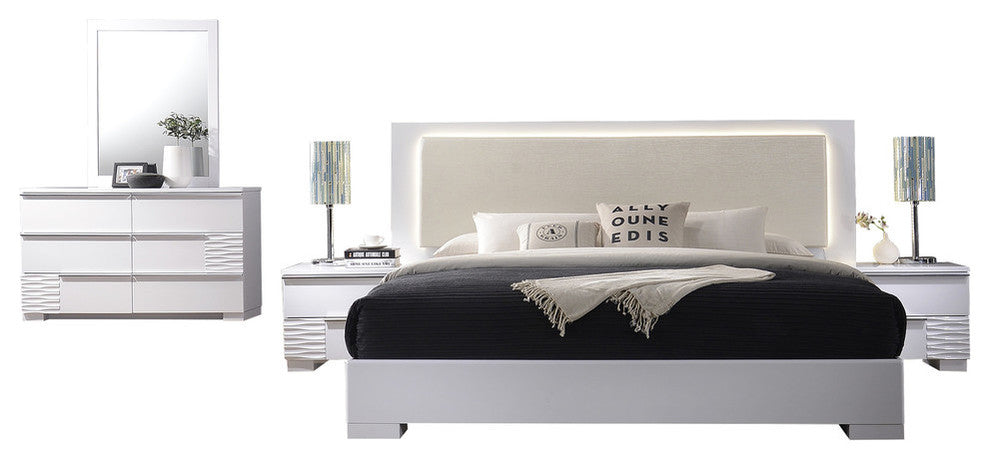 Athens, White Lacquer 5-Piece Platform Modern Bedroom Set, Cal King