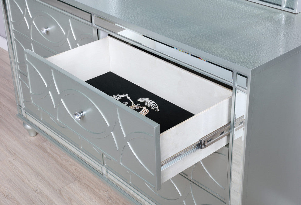 Glam 6 Drawers Dresser with Mirror Accent, Silver
